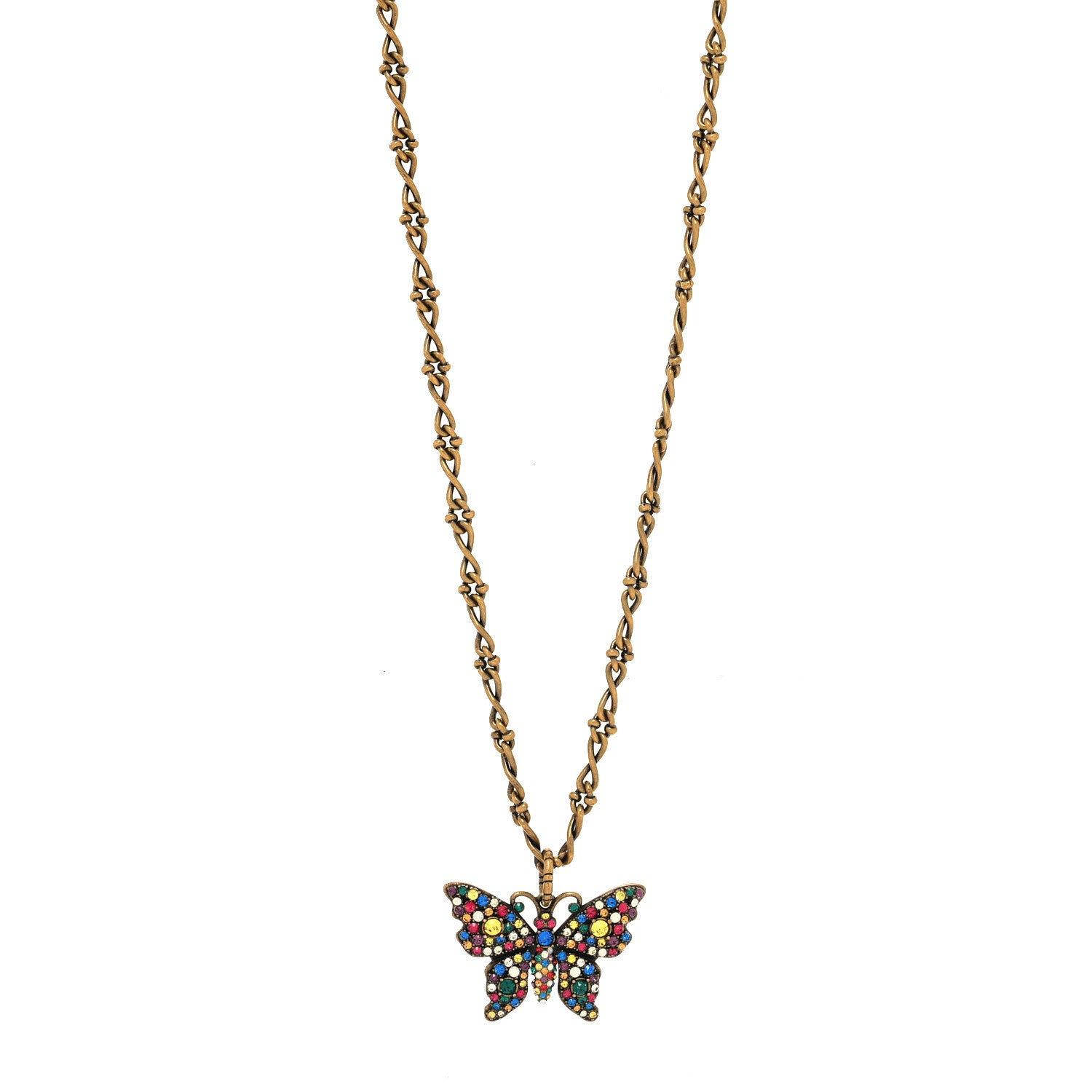 Gucci Metal Crystal Butterfly Necklace Aged Gold Multicolor 1 of 4