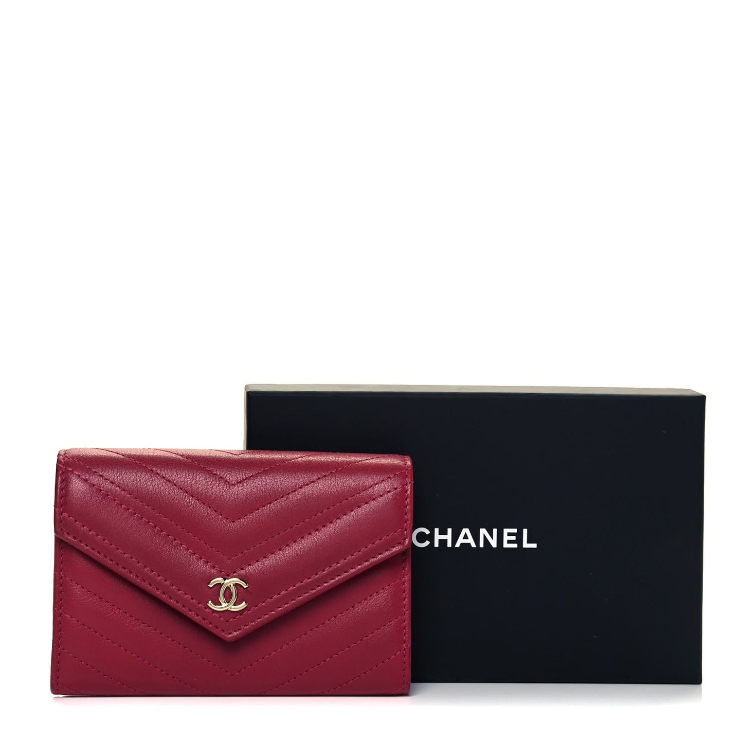 Calfskin Chevron Quilted Compact Flap Wallet Dark Pink