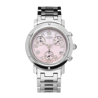 Hermes Stainless Steel Pink Mother of Pearl 31mm Clipper Chronograph Quartz Watch 1 of 6
