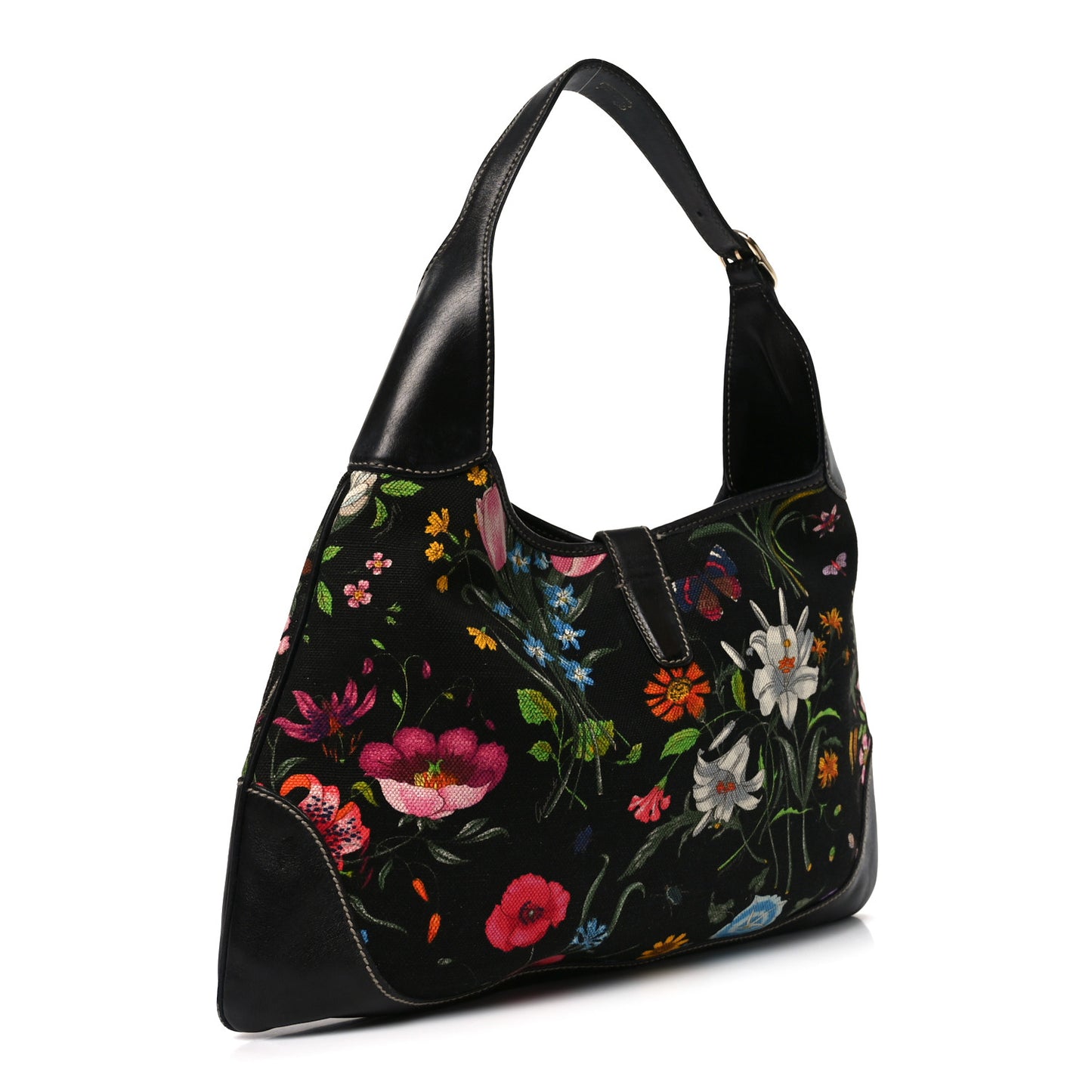 Canvas Floral Flora Medium Jackie O Bouvier Hobo Black