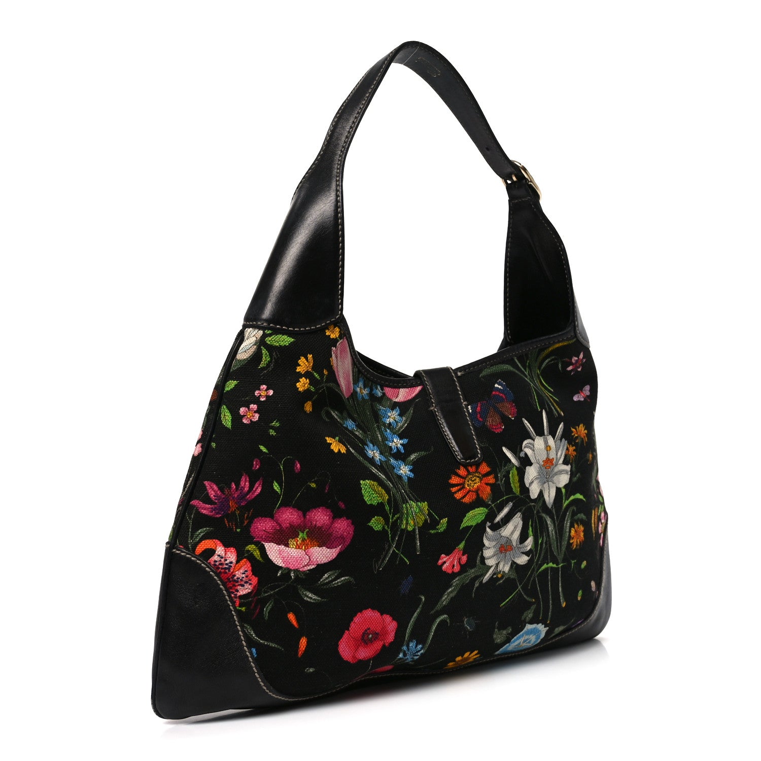 Gucci Canvas Floral Flora Medium Jackie O Bouvier Hobo Black 3 of 11