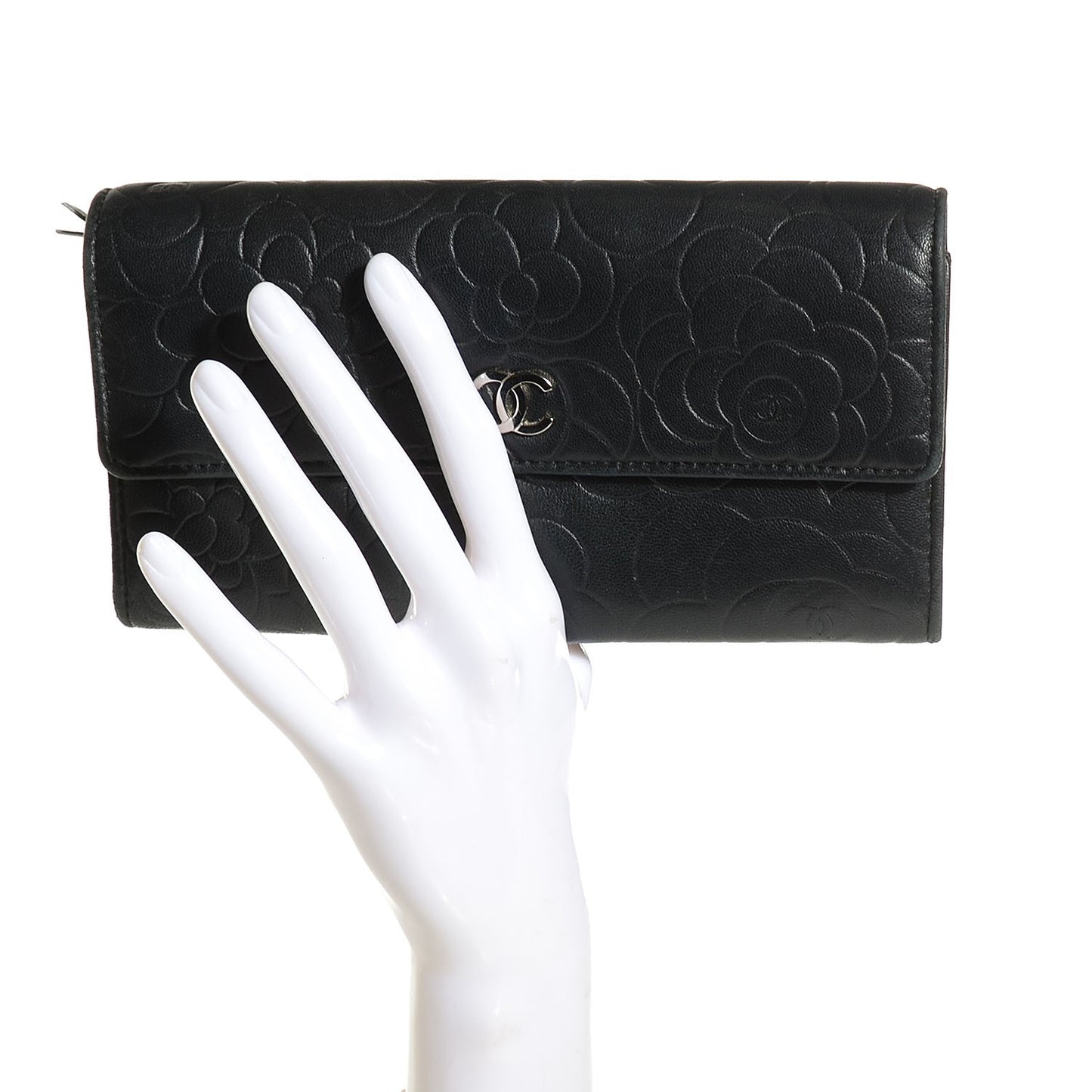 Lambskin Embossed Camellia Large Gusset Flap Wallet Black
