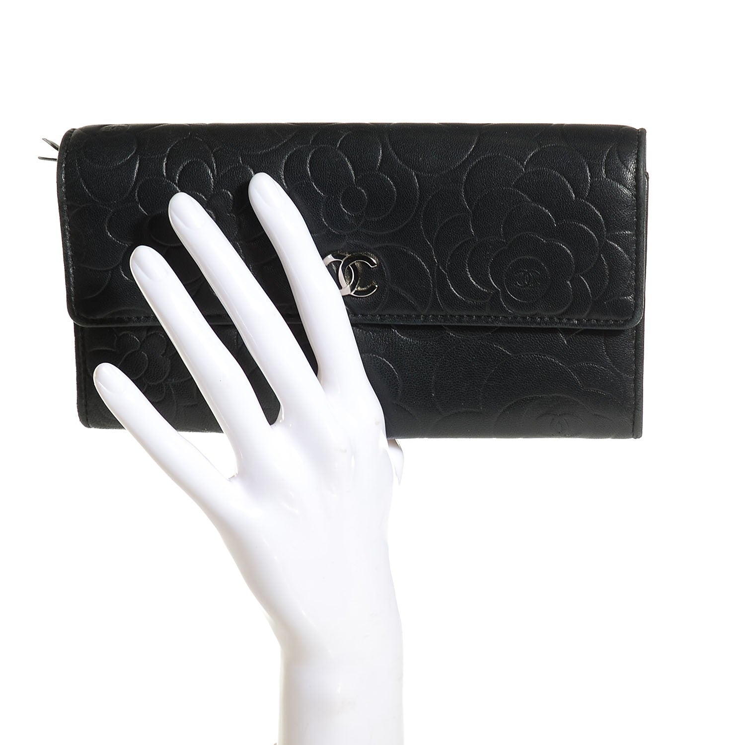 Chanel Lambskin Embossed Camellia Large Gusset Flap Wallet Black 2 of 9
