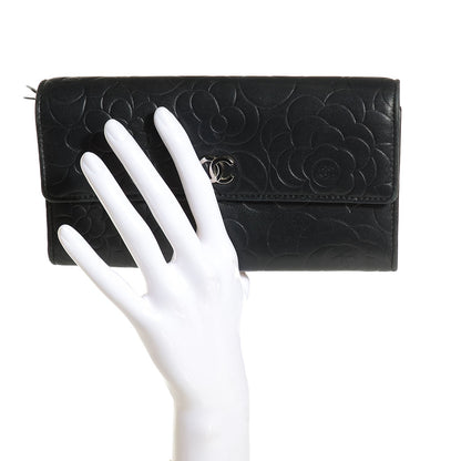 Chanel Lambskin Embossed Camellia Large Gusset Flap Wallet Black 2 of 9