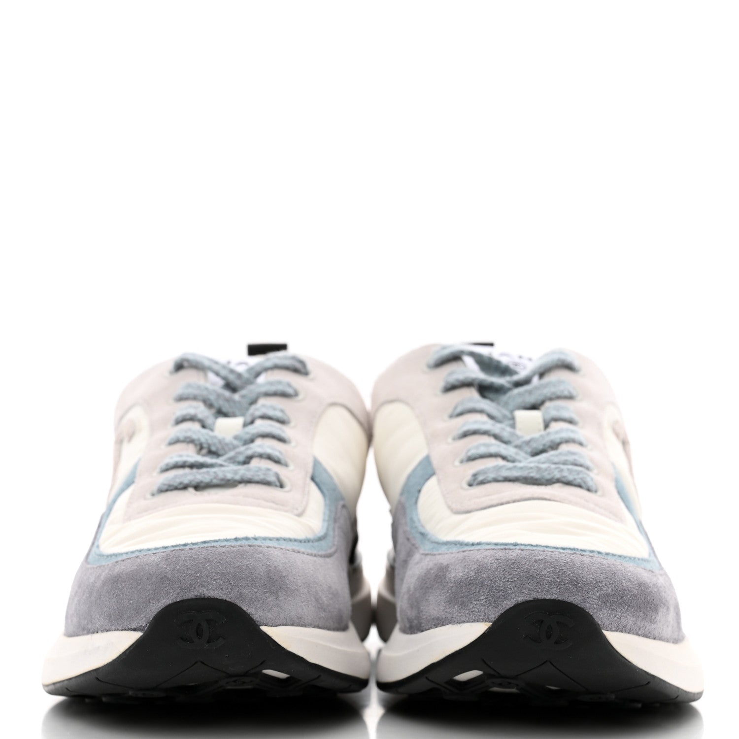 Chanel Nylon Calfskin Suede Womens CC Sneakers 39 White Grey Blue 2 of 9