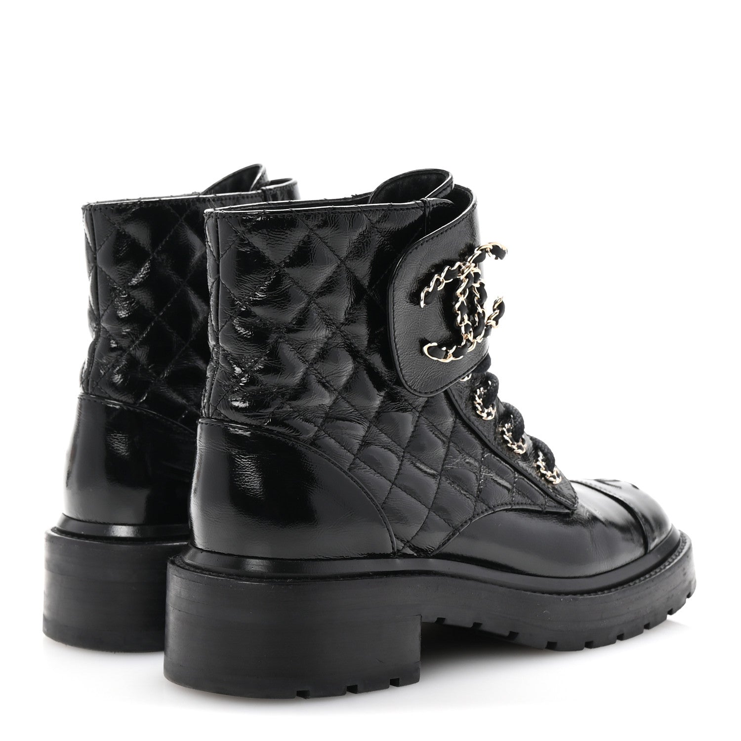 Chanel Shiny Calfskin Quilted Lace Up Combat Boots 37 Black 5 of 9