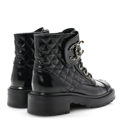 Chanel Shiny Calfskin Quilted Lace Up Combat Boots 37 Black 5 of 9