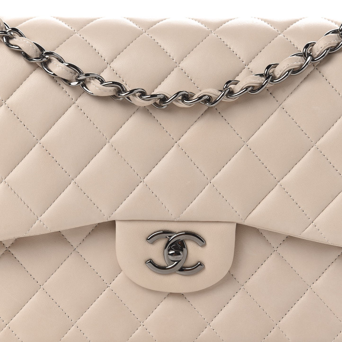 Lambskin Quilted Jumbo Double Flap Light Beige