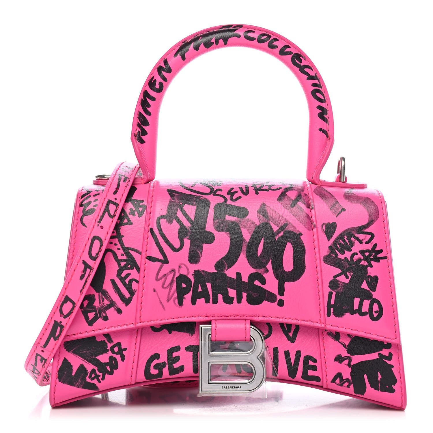 Balenciaga Smooth Calfskin Graffiti Hourglass Top Handle Bag XS Acid Fuchsia Black 8 of 36