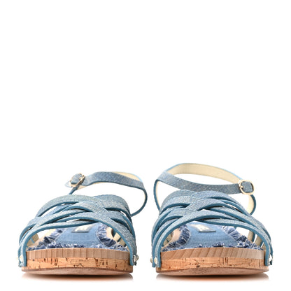 Chanel Denim Cork Pearl Sandals 39 Blue 3 of 9