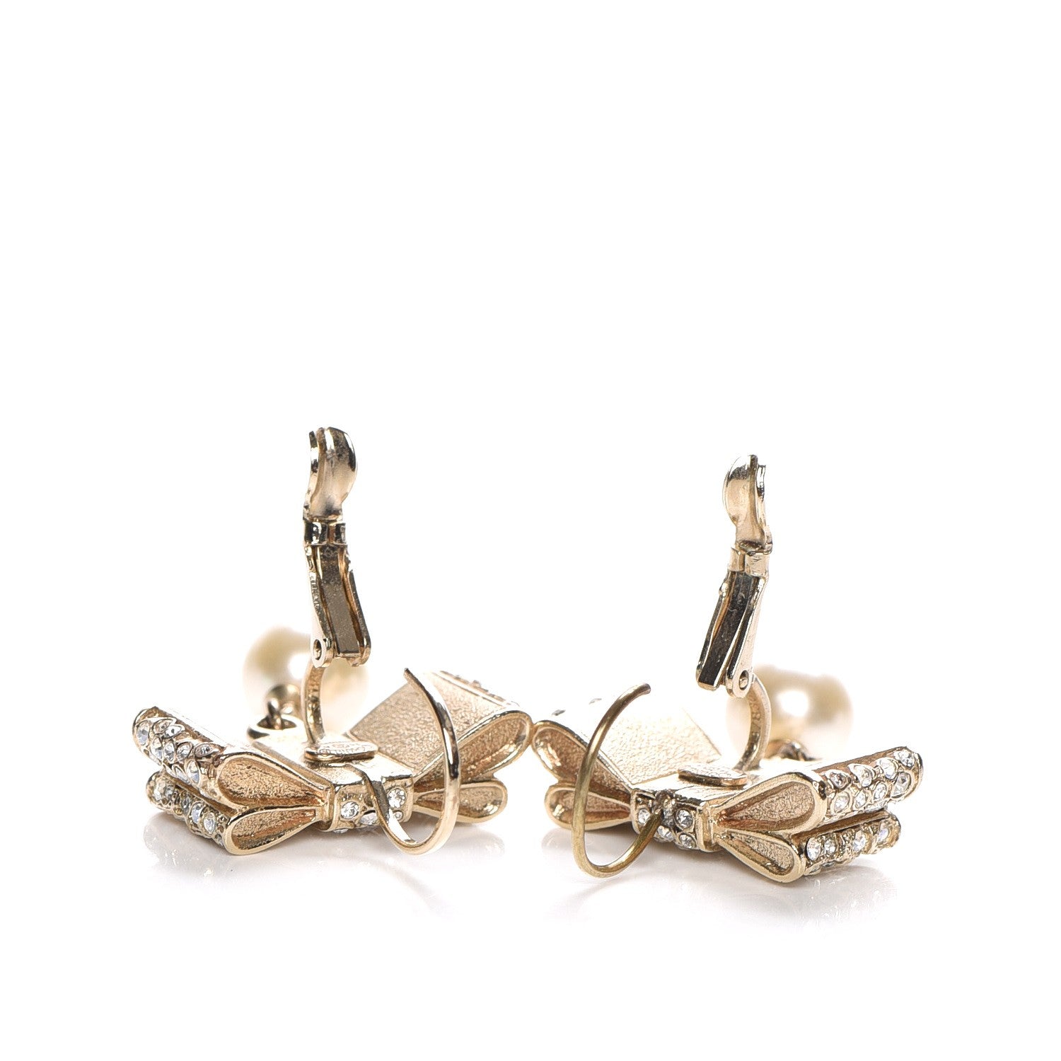 Chanel Crystal Bow Pearl Earrings Gold 7 of 8