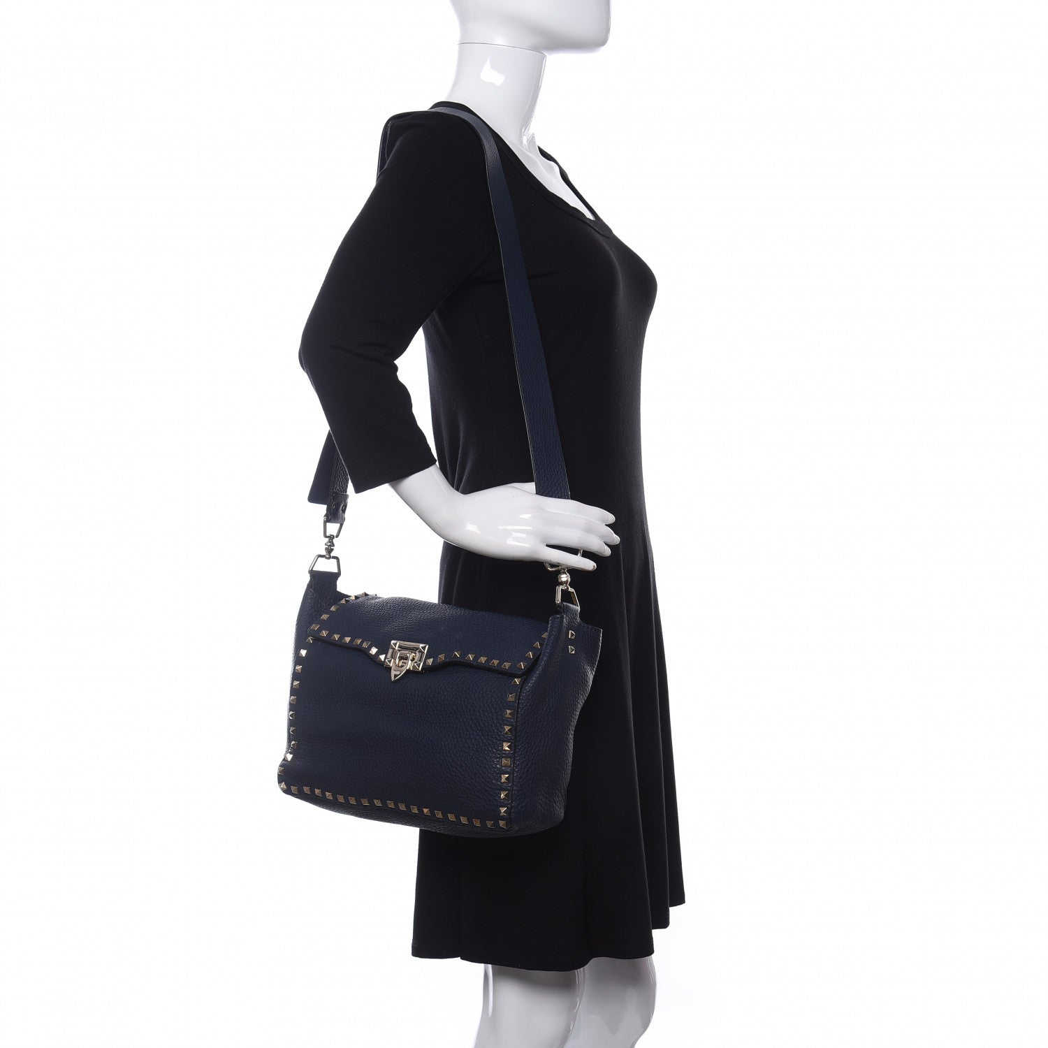 Valentino Garavani Pebbled Calfskin Rockstud Flip Lock Flap Messenger Satchel Marine 2 of 9