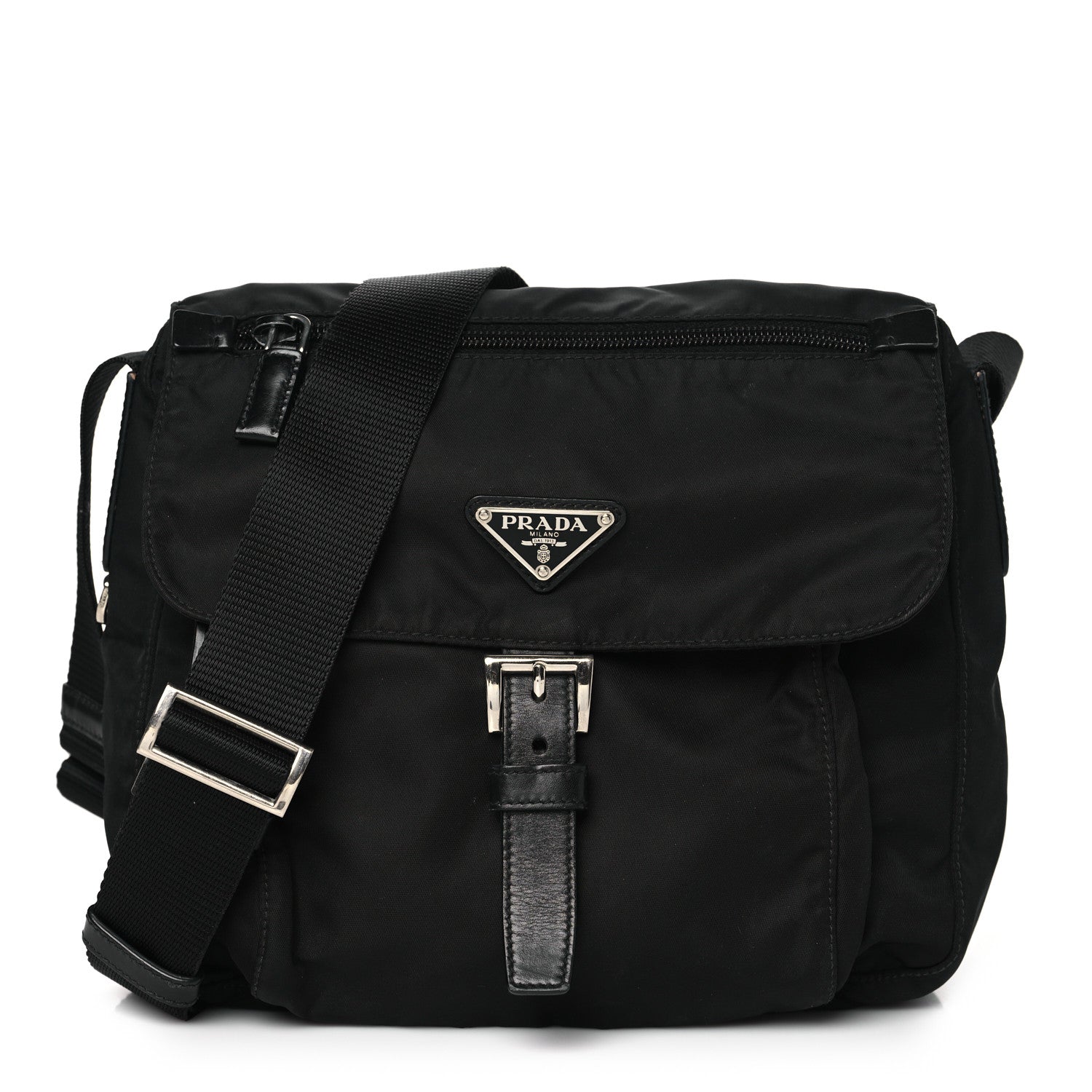 Prada Nylon Vela Saffiano Single Buckle Messenger Shoulder Bag Black 1 of 8