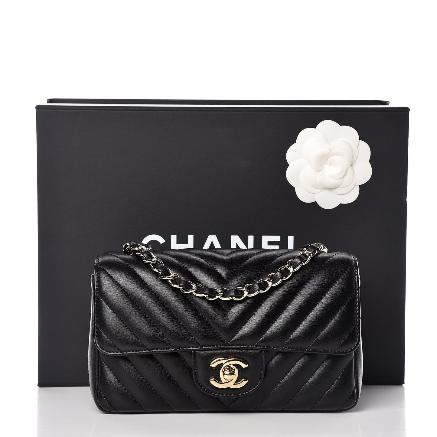 Lambskin Chevron Quilted Mini Rectangular Flap Black