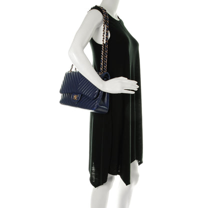 Chanel Lambskin Chevron Quilted Jumbo Double Flap Blue 2 of 11