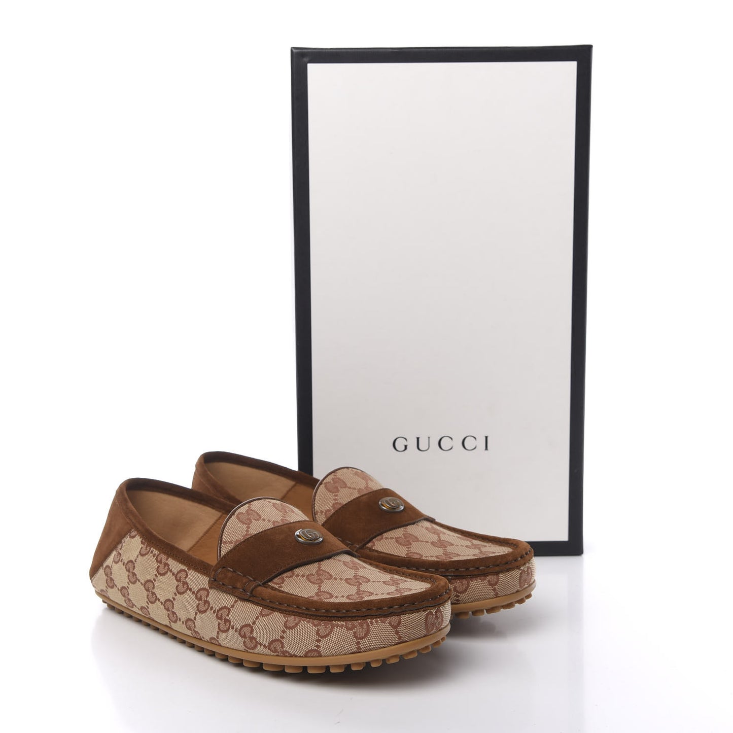 GG Monogram Suede Mens Driver Loafers 9 Beige Ruggine Cuir