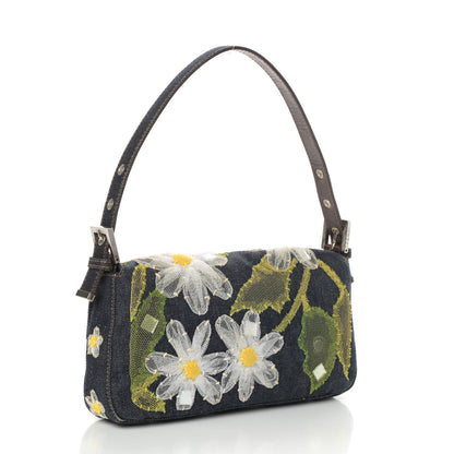 Fendi Denim Flower Applique Baguette Blue 3 of 9