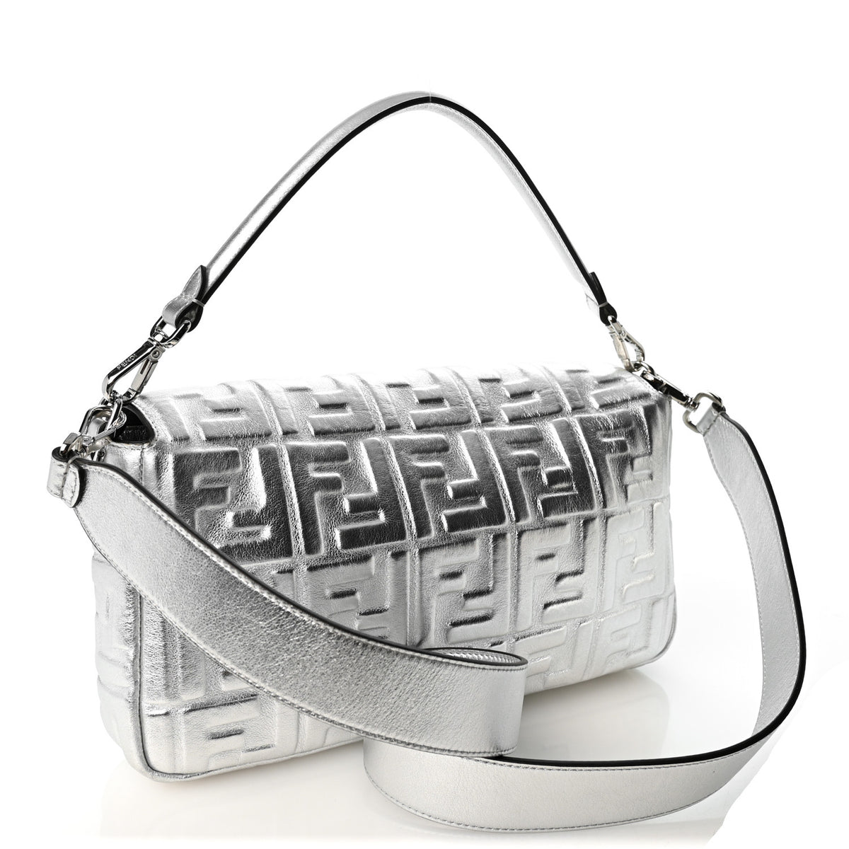 Fendi Vitello Catalan Mirror FF 1974 Embossed Large Baguette Argento 3 of 9