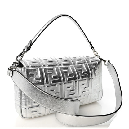 Fendi Vitello Catalan Mirror FF 1974 Embossed Large Baguette Argento 3 of 9