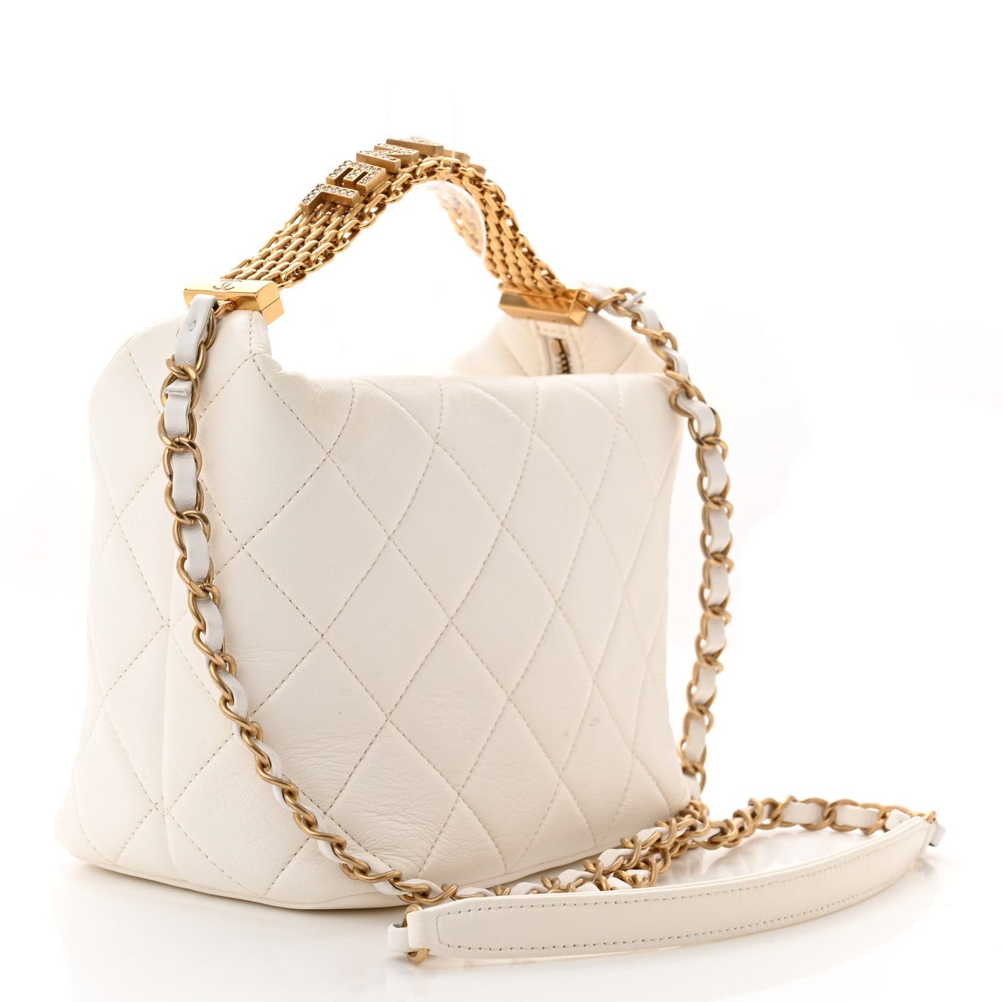 Lambskin Quilted CC Crystal Signature Chain Hobo White