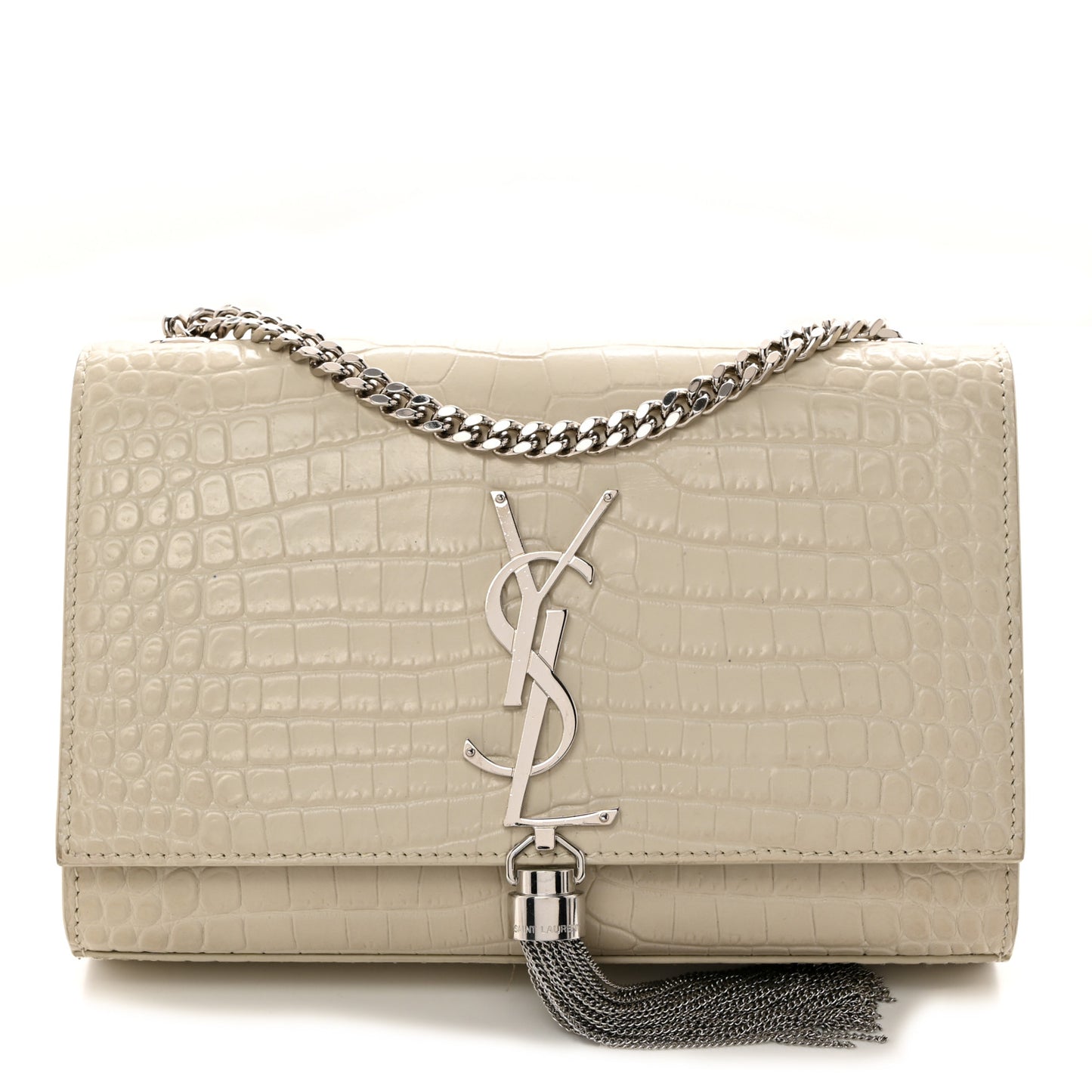 Calfskin Crocodile Embossed Small Classic Monogram Kate Tassel Satchel Blanc Vintage