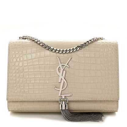 Saint Laurent Calfskin Crocodile Embossed Small Classic Monogram Kate Tassel Satchel Blanc Vintage 1 of 11