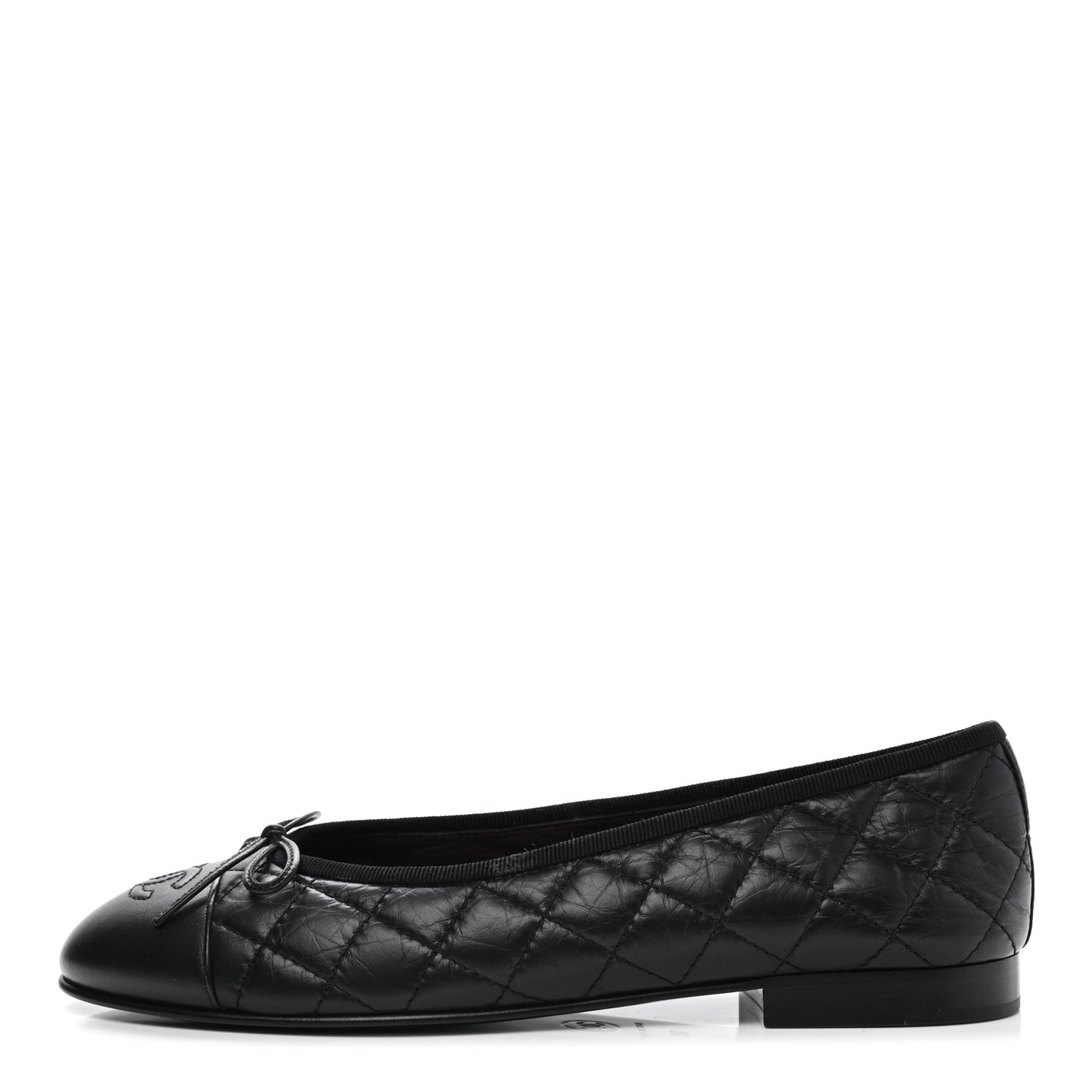 Aged Calfskin Quilted Cap Toe Ballerina Flats 38 Black