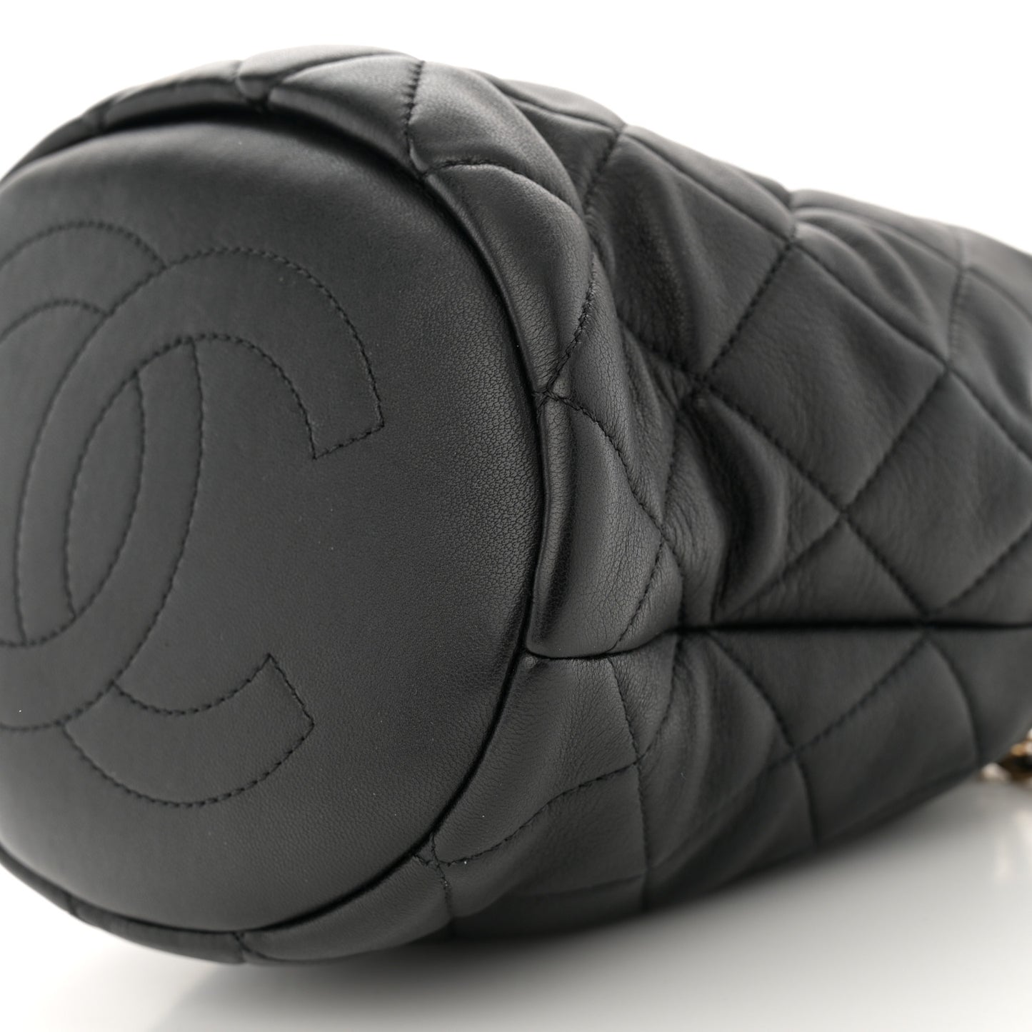 Lambskin Quilted Pearl Crown Drawstring Bag Black