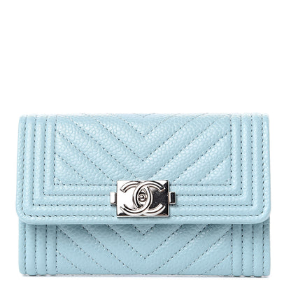 Chanel Caviar Chevron Quilted Boy Card Holder Wallet Light Blue 1 of 9
