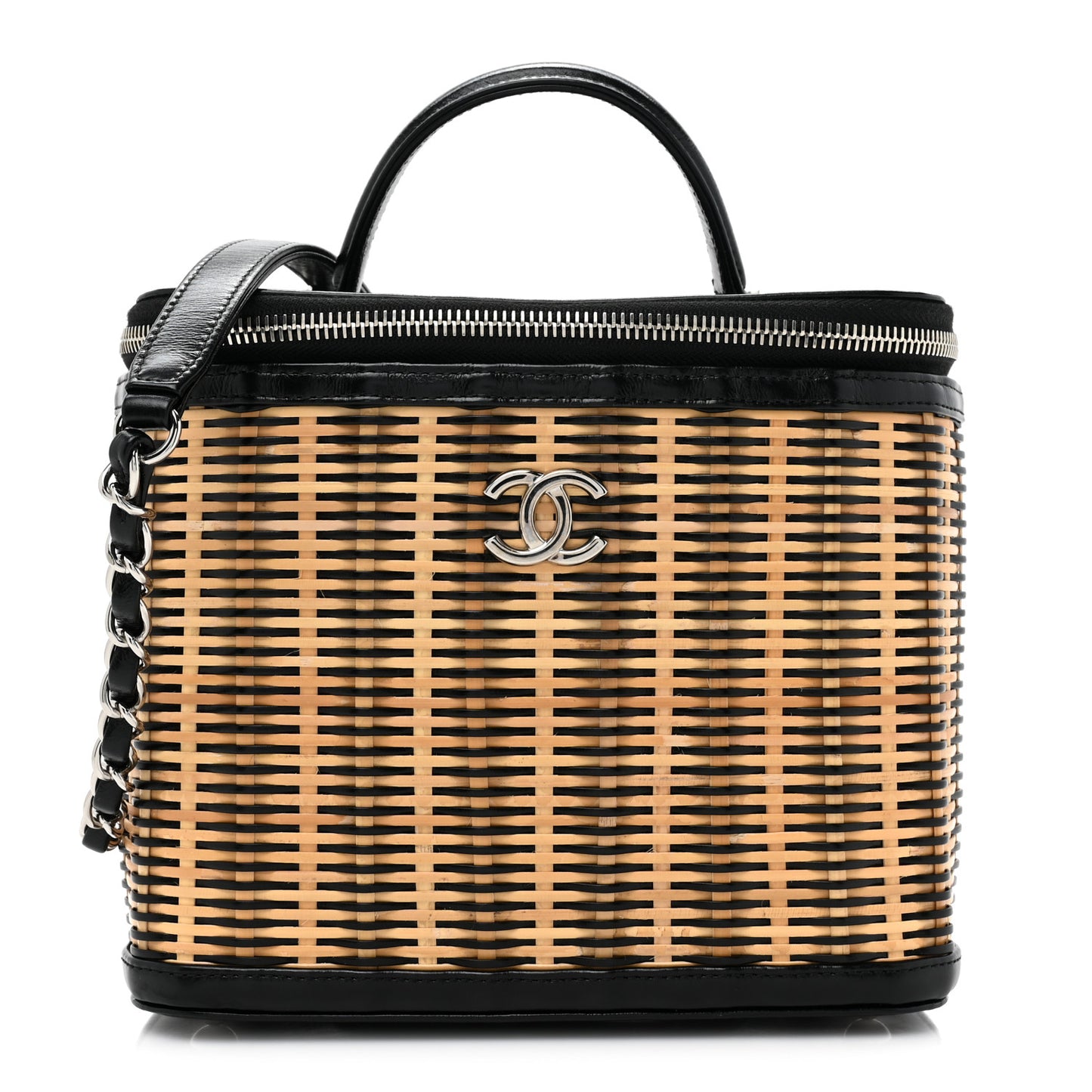 Glazed Calfskin Raffia Vanity Case Bag Black Beige