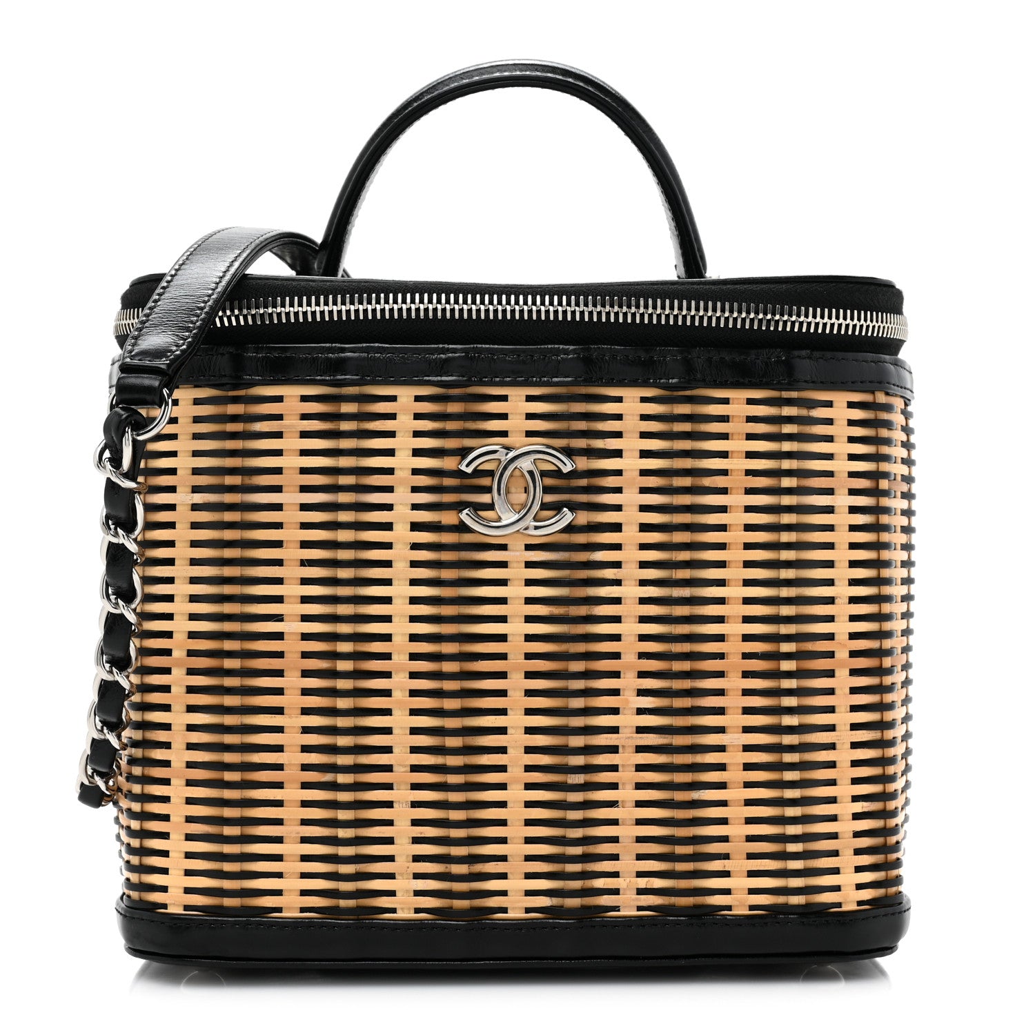 Chanel Glazed Calfskin Raffia Vanity Case Bag Black Beige 1 of 10