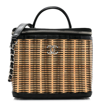 Chanel Glazed Calfskin Raffia Vanity Case Bag Black Beige 1 of 10