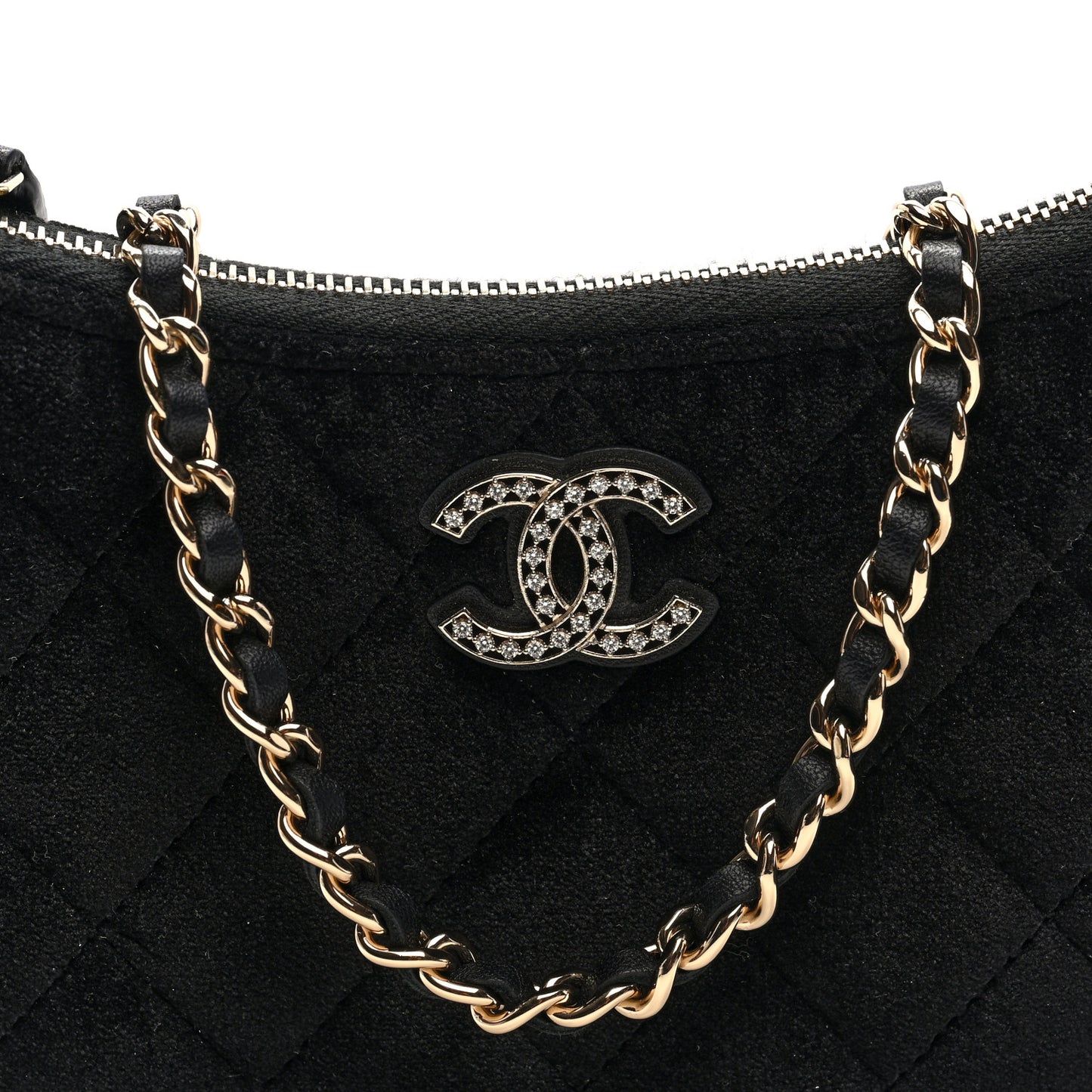 Velvet Crystal Quilted Chain Hobo Black