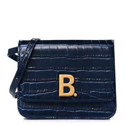 Balenciaga Shiny Calfskin Crocodile Embossed Small B Crossbody Bag Navy 1 of 9