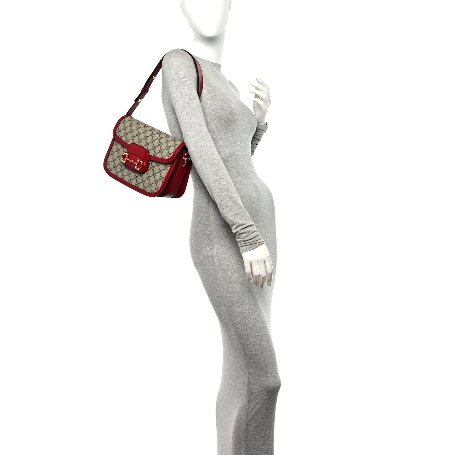 GG Supreme Monogram Azalea Calfskin Horsebit 1955 Shoulder Bag Beige Ebony New Cherry Red