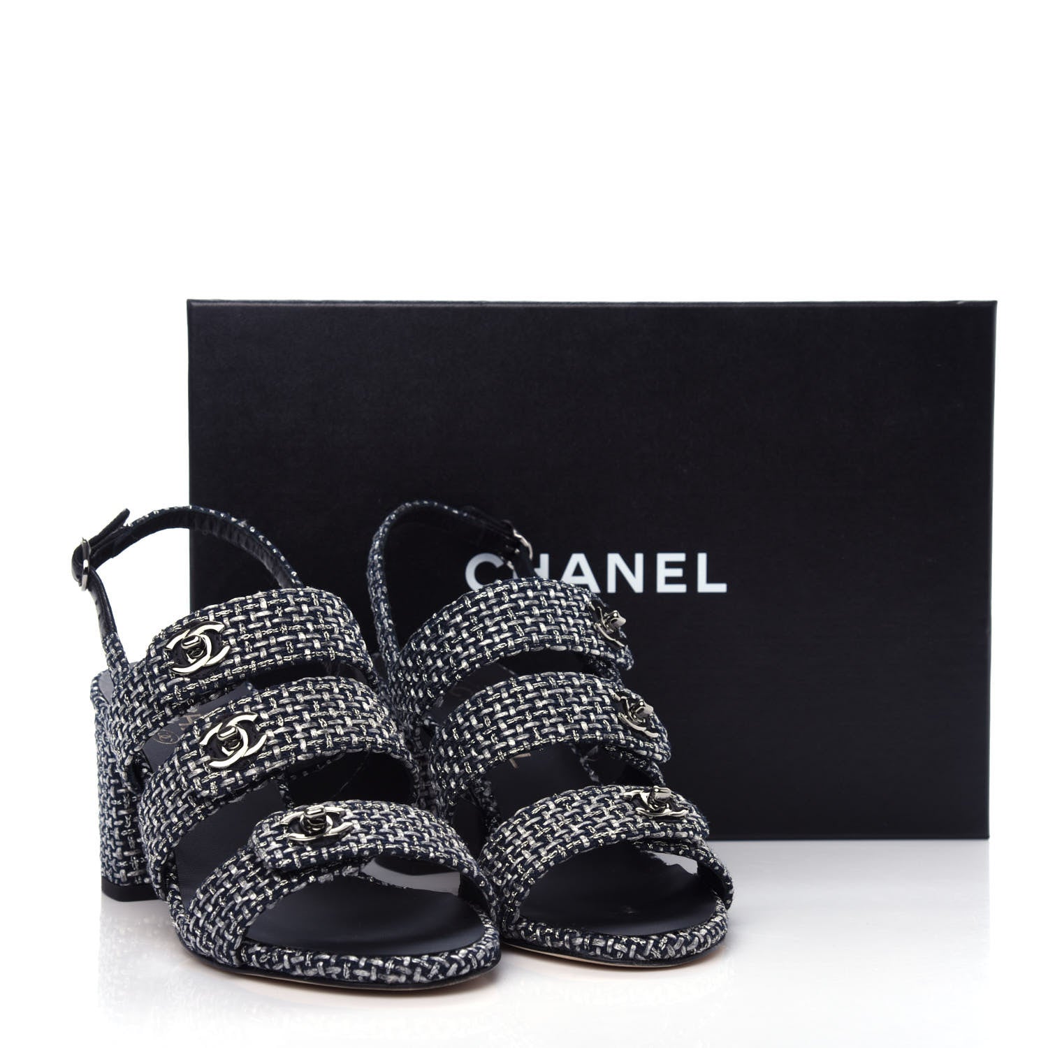 Chanel Tweed Lambskin CC Turnlock Sandals 38 Grey Silver Black 11 of 11