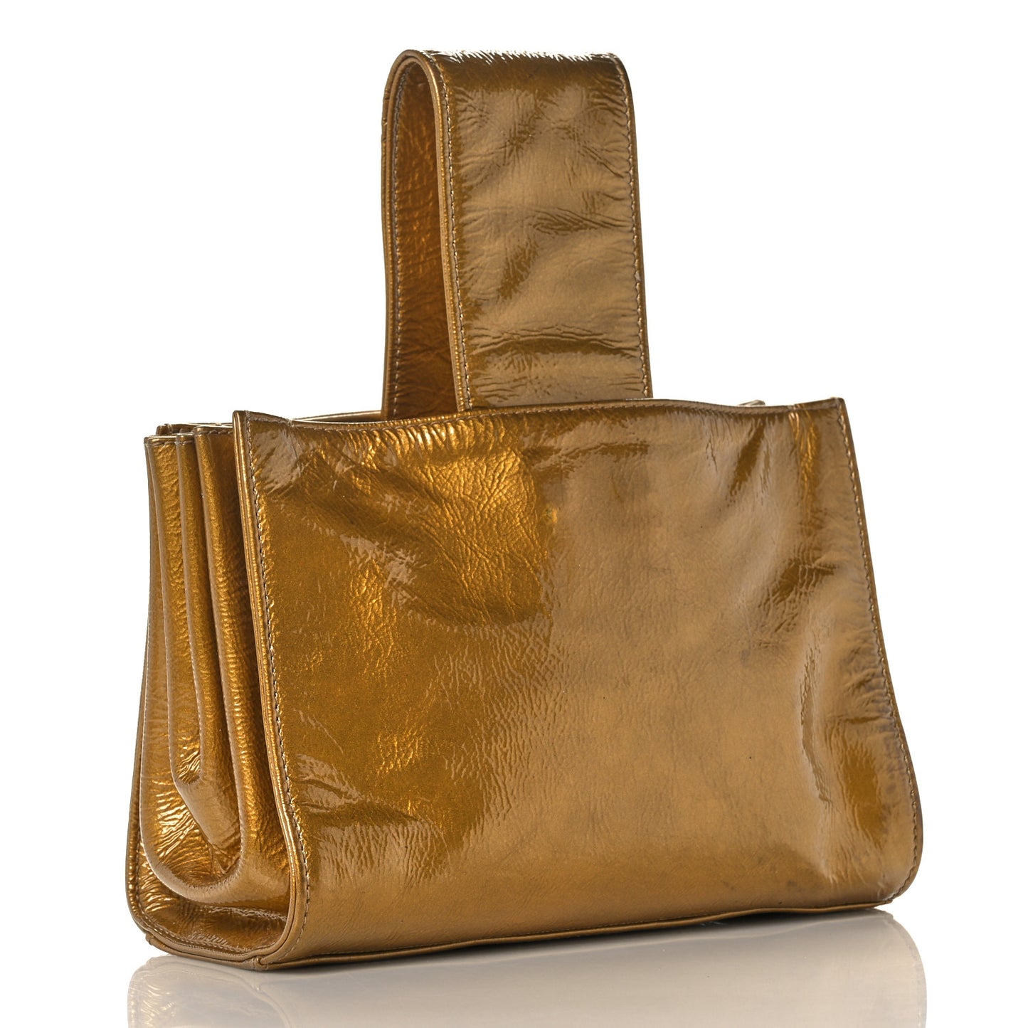Metallic Patent Mademoiselle Lock Convertible Wrist Clutch Bag Gold