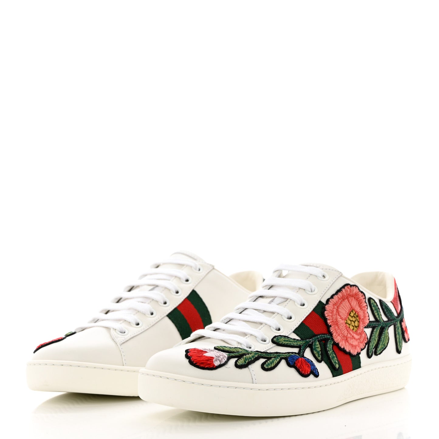 Calfskin Web Floral Embroidered Womens Ace Sneakers 37.5 White