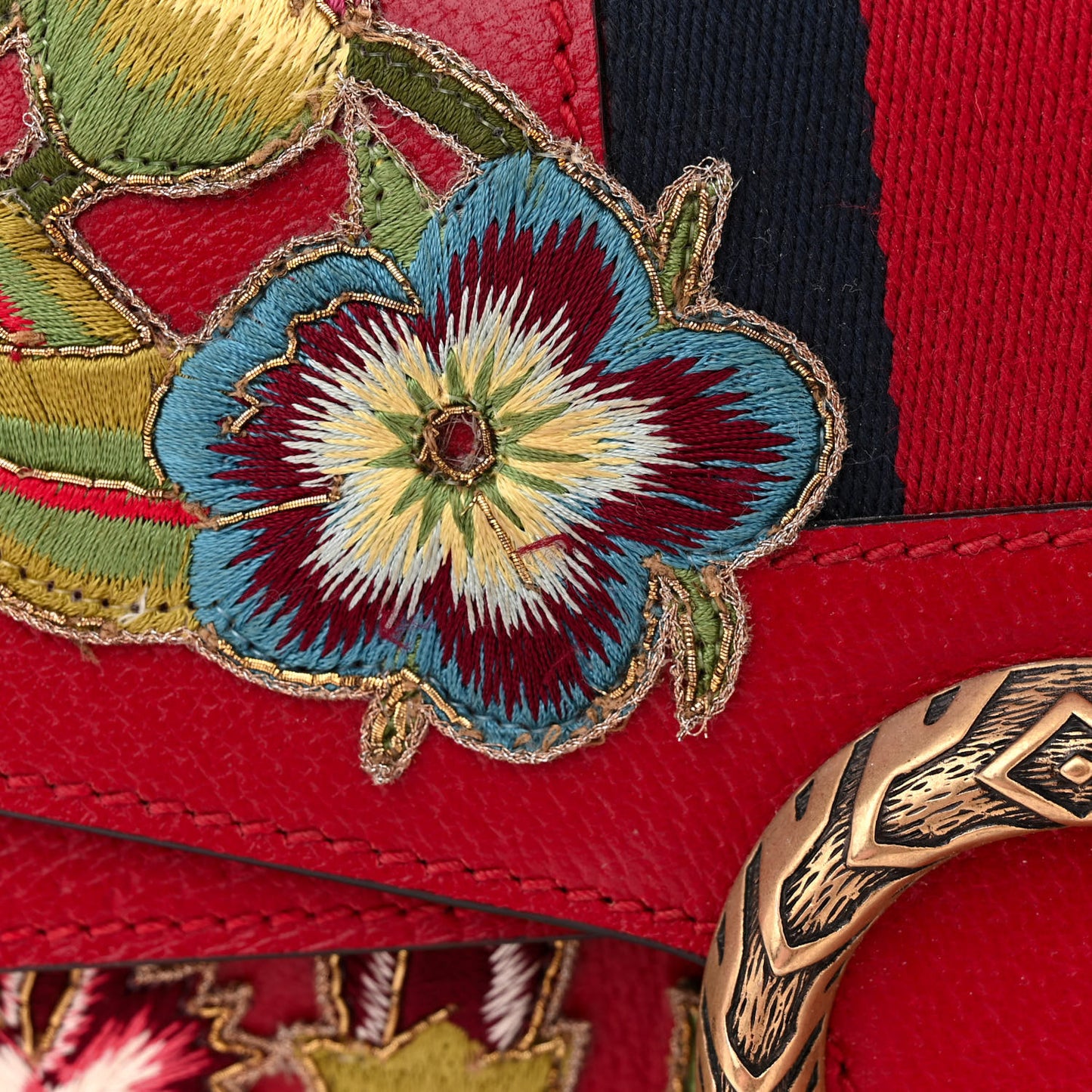 Calfskin Web Floral Embroidered Small Dionysus Shoulder Bag Hibiscus Red