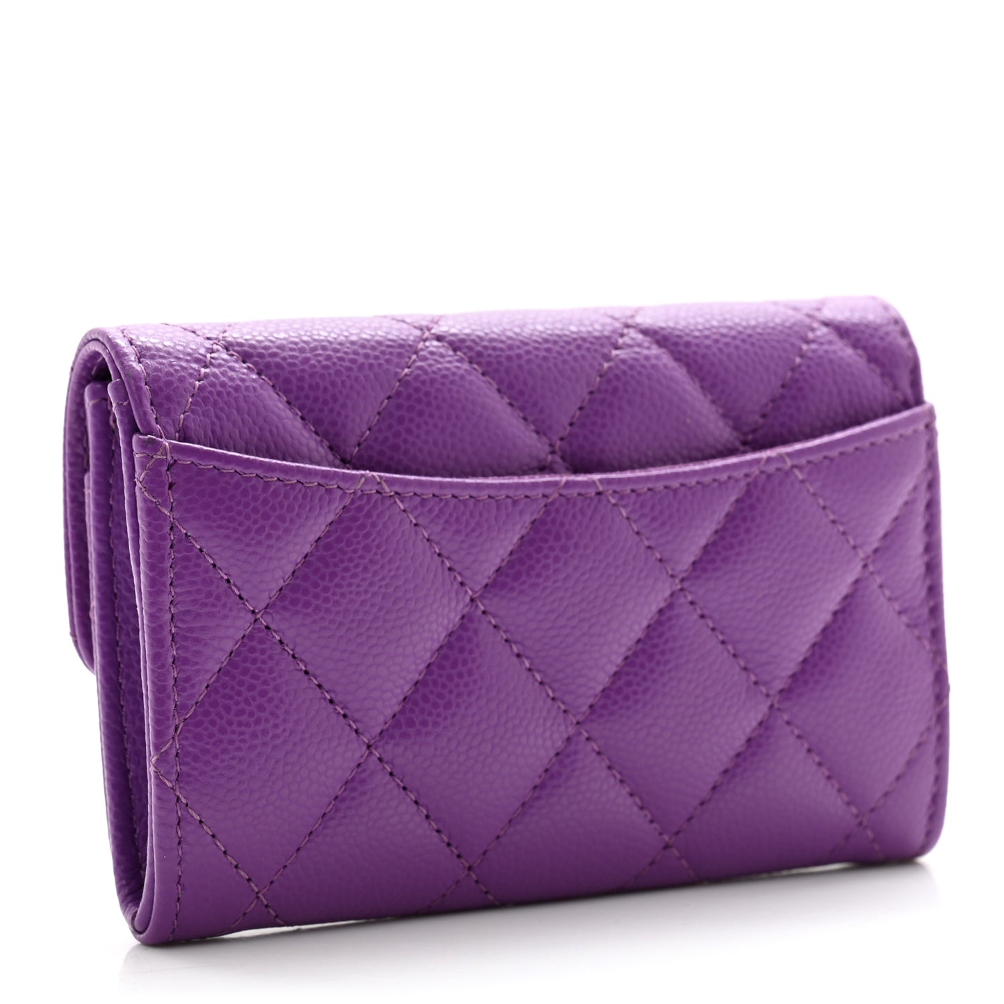 Caviar Quilted Flap Card Holder Wallet Purple