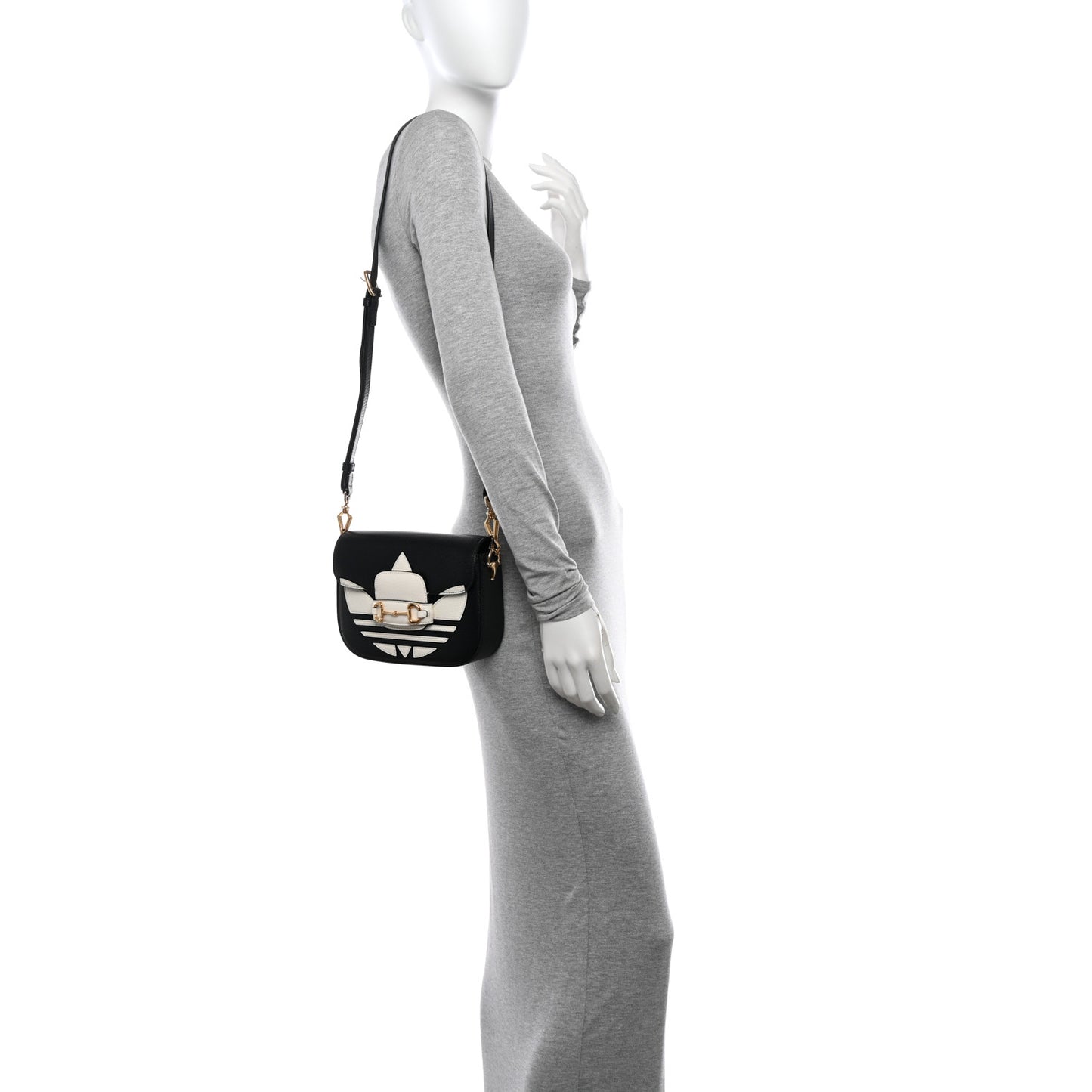 X ADIDAS Textured Dollar Calfskin Web Trefoil Mini Horsebit 1955 Shoulder Bag Black Off White
