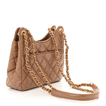 Chanel Shiny Crumpled Calfskin Quilted Small Wavy CC Hobo Dark Beige 3 of 11