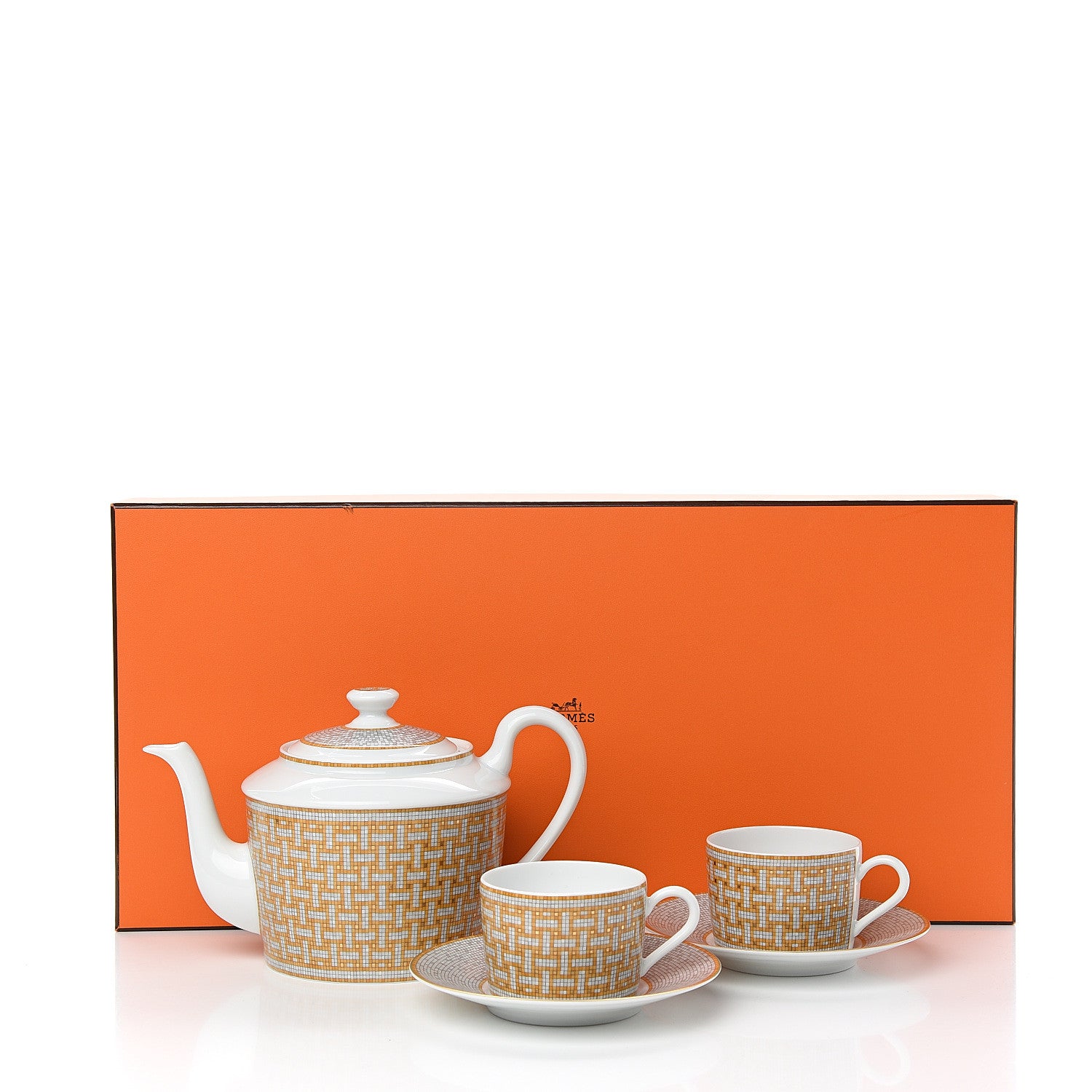 Hermes Porcelain 24 Gold Mosaique Teapot Cup Set Gold 12 of 12