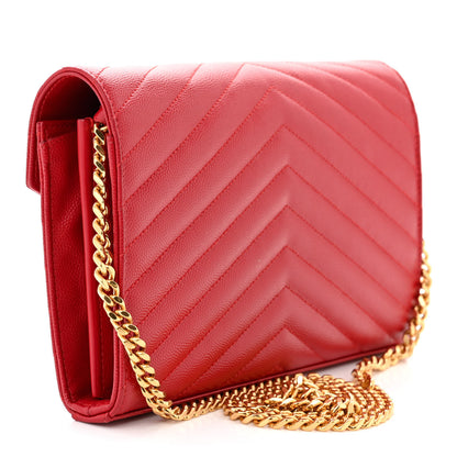 Saint Laurent Grain De Poudre Matelasse Chevron Monogram Chain Wallet New Red 3 of 10