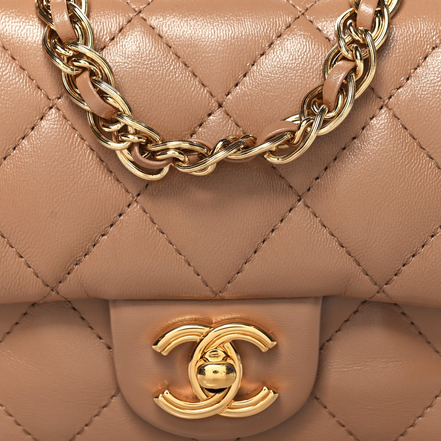 Lambskin Quilted Mini Chain Top Handle Rectangular Flap Beige