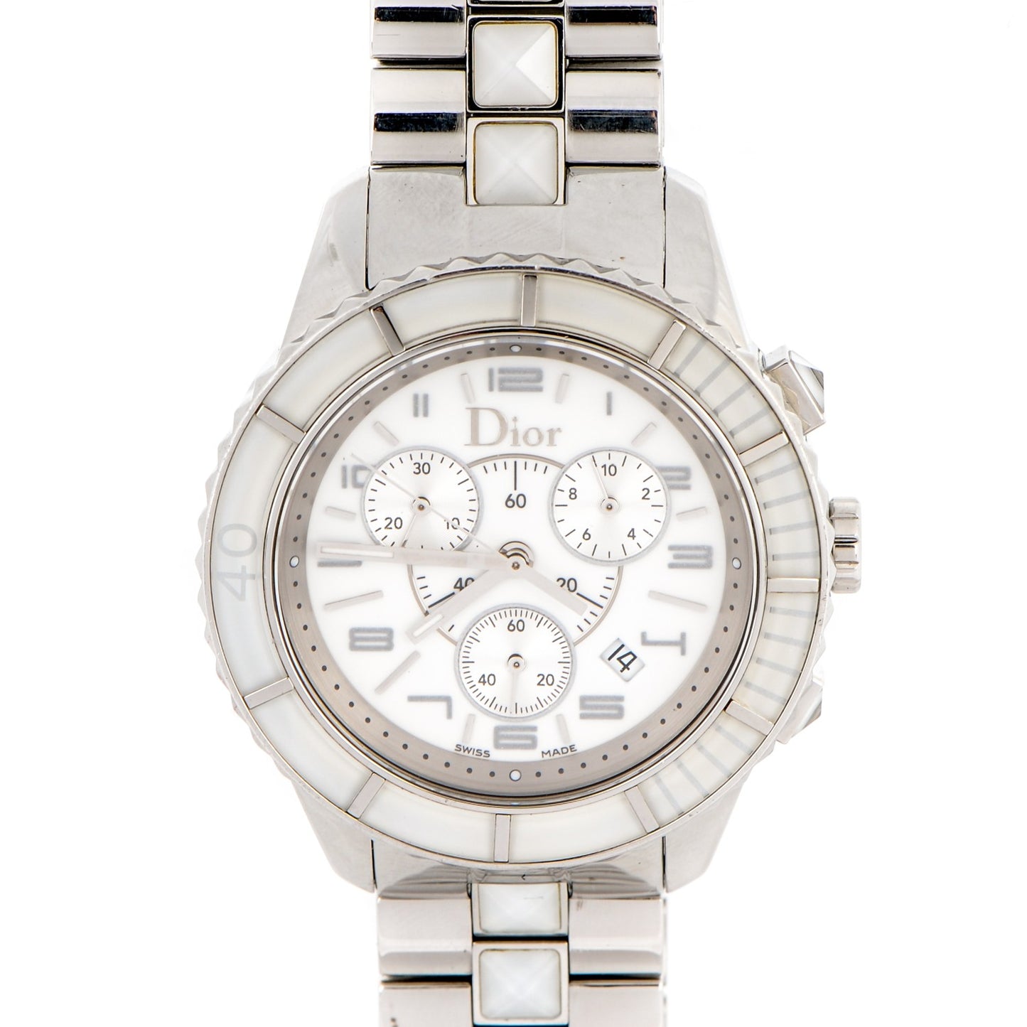 Stainless Steel Diamond Sapphire 38mm Christal Chronograph Quartz Watch White