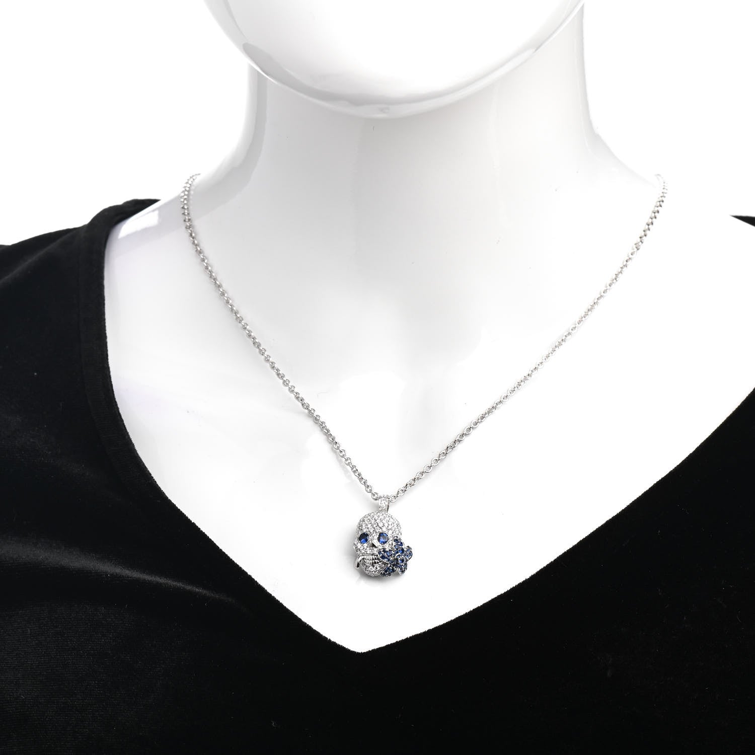 Gucci 18K White Gold Diamond Blue Sapphire Skull Pendant Necklace 2 of 6