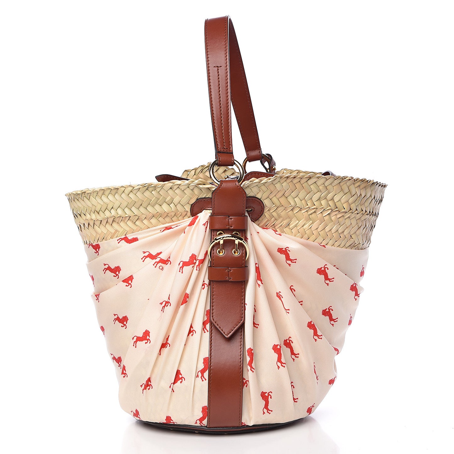 Smooth Calfskin Raffia Little Horses Medium Panier Basket White Red