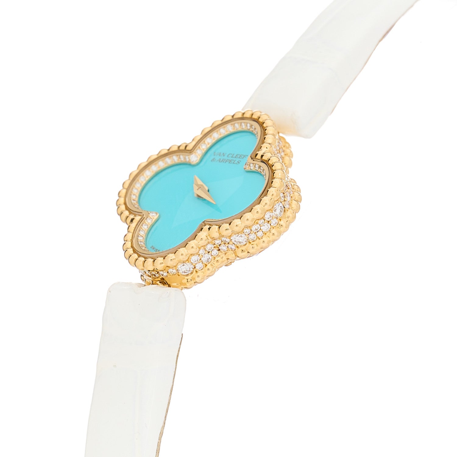 Van Cleef & Arpels 18K Yellow Gold Alligator Diamond Turquoise 22mm Sweet Alhambra Quartz Watch 3 of 8
