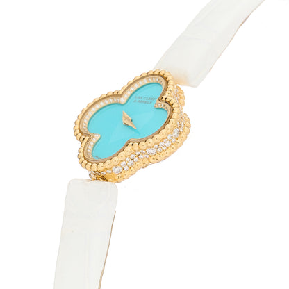 Van Cleef & Arpels 18K Yellow Gold Alligator Diamond Turquoise 22mm Sweet Alhambra Quartz Watch 3 of 8